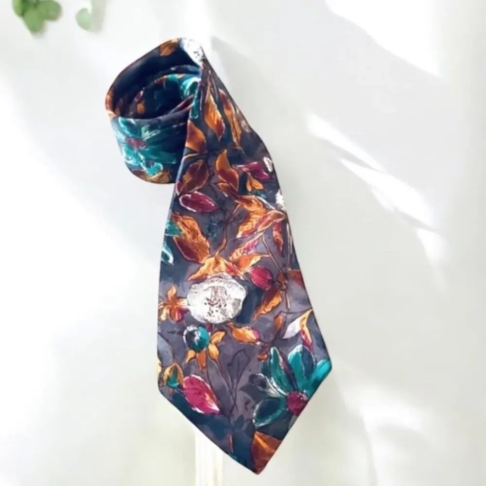RALPH LAUREN Tie VINTAGE  Gray Floral Polo SILK EUC FAST SHIPPING 999-13